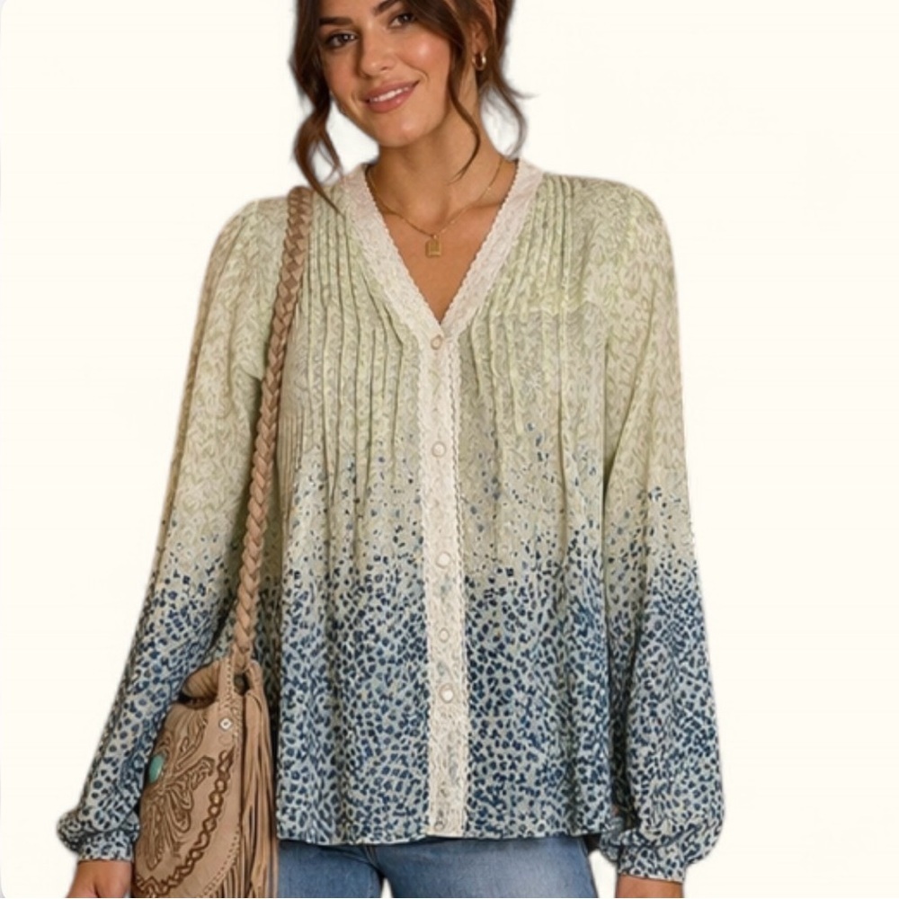 Sheer Lace Trim Floral Blouse | Boho Ombre Pintuck Button Front Medium